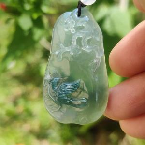 High Premium Quality Icy Green Natural Type A Jadeite Jade Pendant Necklace crafted with bird flower and tree trunk certificate included weigh 11.70 grams measurement 40 * 23 * 6.3 mm (pendant187)