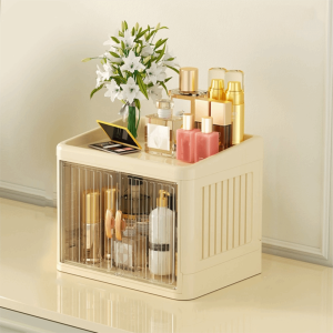 CMIEWN5 Flat Cover Foldable Makeup Storage Box Transparent Dust-proof Cosmetics Storage Box Stationery Storage Space Saving Storage Rack Bedroom