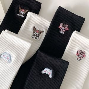Sanrio Cotton Socks Kawaii Cinnamoroll Kuromi My Melody Cartoon Embroidery Cute Student Mid Tube Socks Solid Color Home Warm Socks