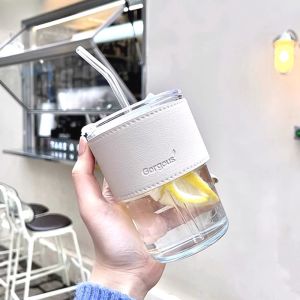 Dual-Drinking Type Bamboo Shape Glass Straw Type Coffee Milk Tea Cup with Anti-scading Leather Cover Glass Mug