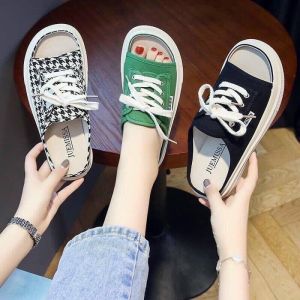 Dép quai ngang dép sục nữ dây buộc hở mũi đế bánh mì hai màu đen kẻ caro size 35-39