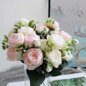 [Timmo House]30cm Rose Pink Silk Bouquet Peony Tea Rose Artificial Flowers 5 Big Heads 4 Small Bud Bride Wedding Home Decoration DIY Home Garden Wedding Decoration
