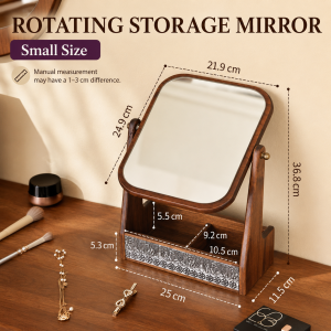 Wooden Rotating Makeup Mirror Organizer with Cosmetic Storage Box Desktop Vanity Mirror for Bedroom
