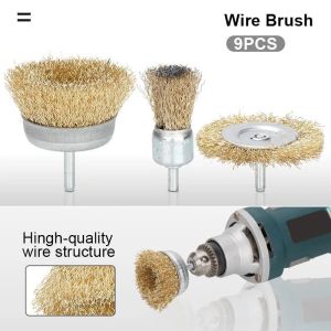 Set 9 Pcs-Mata Bor Sikat/Sikat Kawat Mini/Kuningan Tuner Mangkok/Grinder Brass Steel/Rotary Wire Brush Set Perkakas