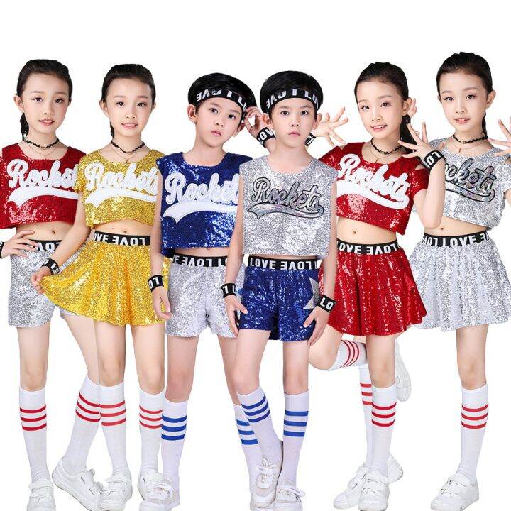 5Pcs Girls Boys Cheerleader Uniform Sequins Cheerleading Costumes Crop ...