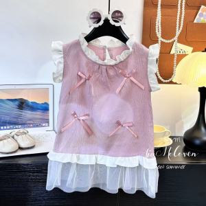 ชุดเด็กผู้หญิงสไตล์เกาหลี แขนสั้น ลายดอกไม้ วัสดุตาข่าย สำหรับวันเกิด 2-9 ปี