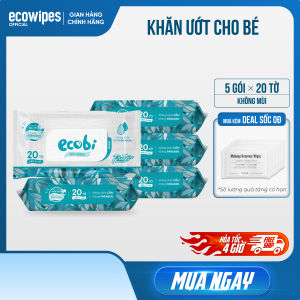 Combo 05 gói khăn ướt cao cấp an toàn cho bé Ecobi Ecowipes gói 20 tờ không mùi an toàn cho làn da