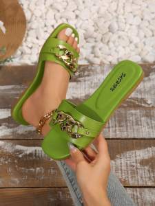 [Free Shipping] WomenS Shoes New Fashion Slippers Classic Elegant Versatile Solid Color Metal Decor Square Toe Flat Sandals