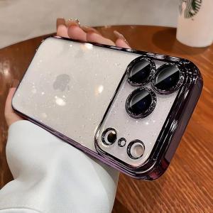 Luxury Glitter Hard PC Plating Clear Case for iPhone 14 15 16 17 Pro Max Air 13 12 11 With Lens Film Transparent Bling Cover