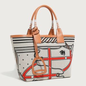 New Women Printed Tote Bag Canvas PU Splicing Handbag Large Capacity Garden Bag Versatile Ladies Shoulder Daily Shopping Bolsas2026