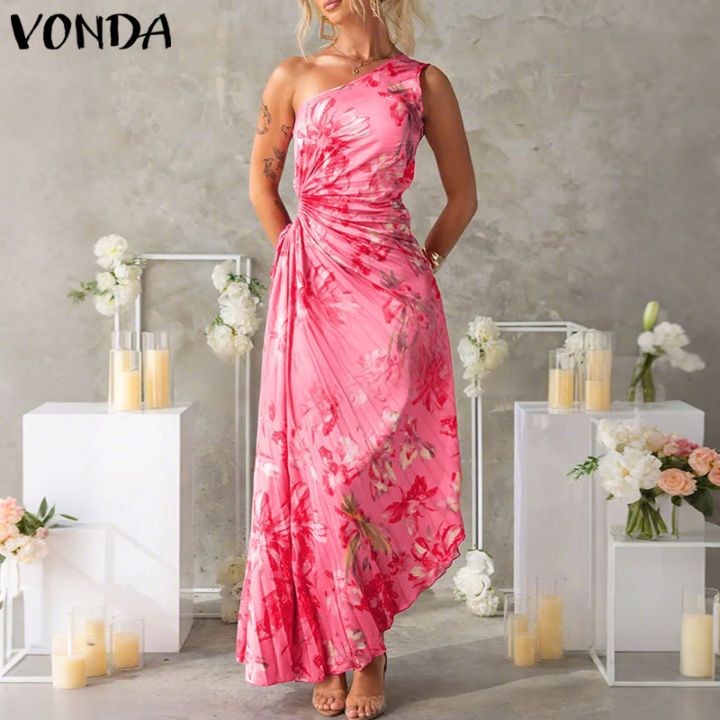 VONDA Women's Fashion Single Shoulder Floral Print Dresses Sleeveless  Holiday Beach Dress (Western Causal) | Lazada PH