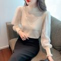NOWNICE Ren rỗng Áo dài tay Thanh lịch Áo cổ lọ nửa Áo len cơ bản Thời trang Áo sơ mi Phụ nữ. 