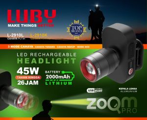 LUBY Headlamp LED Rechargeable Zoom Pro 45W Tahan Lama 26 Jam - Abu Tua L-2910L/K