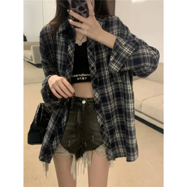 ZD Korean Style R Long Sleeve Plaid Shirt Jacket for Women Spring Autumn Loose Fit Niche Versatile