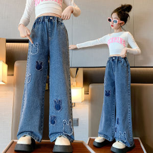 6-13Years Carton Jeans for Kids Girls Wide Leg Pants for Kids Girls High Waisted Loose and Breathable Elastic Waist Versatile Jeans