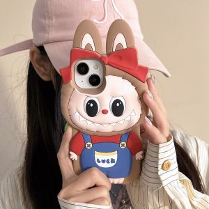 【Hot】Liquid Silicone Phone Case Special Cute Cartoon Overalls Labubu with Bracelet For iPhone 11 12 13 14 15 16 Series