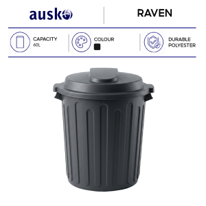 RAVEN Dustbin | Black Bin | Open Top with Lid | 60L | Trash Bin | Waste Bin