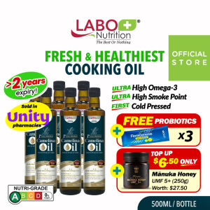 [6 or 12 Bottles] LABO Nutrition Camelina Oil 500ml Healthiest Cooking Oil Unrefined Virgin Cold Pressed Natural Chemical-Free High Heat Tolerance High Omega-3 • Product of Canada • Free FloraGenesis sachets • Add on Manuka Honey UMF 5+ 250g at $6.50