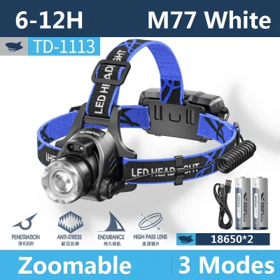 SmilingShark TD1113ไฟหน้าสว่างพิเศษ Led M77 6000LM ไฟฉายคาดศีรษะเซ็นเซอร์ไฟฉาย Zoomable 18650 USB ไฟหน้าชาร์จได้กลางแจ้งกันน้ำแสงปีนเขาตกปลาตั้งแคมป์