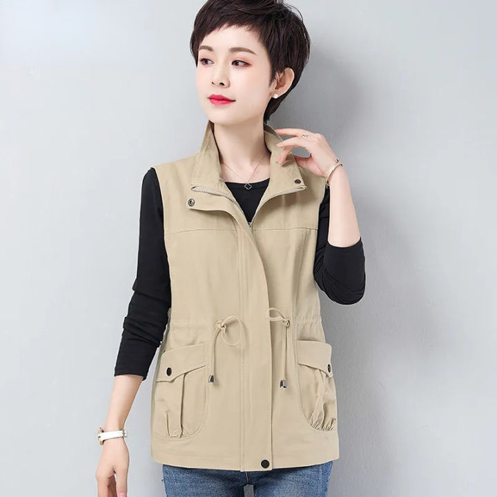 Spring Women's Belt Khaki Casual Vest 2023 Stand Collar Cargo Sleeveless  Jacket Mother Slim Waist Liner Plus Size Waistcoat - Main Image