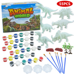 In Stock 55PCS/pack 3D Dinosaurs coloring art set Painting Figurines Graffiti DIY Kids Toy Set with 6 Colors Paint & 6 pcs Brush Birthday Gift for Children Indoor Art Paitting toys