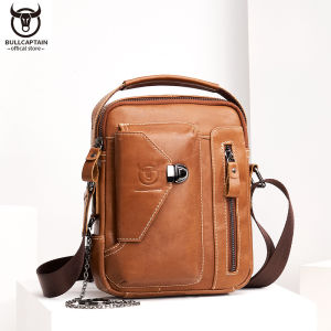 BULLCAPTAIN Mens Messenger Leather Bag Casual Business Messenger Bag Multifunctional 6.7-inch Mobile Phone Anti-theft Portable Shoulder Bag