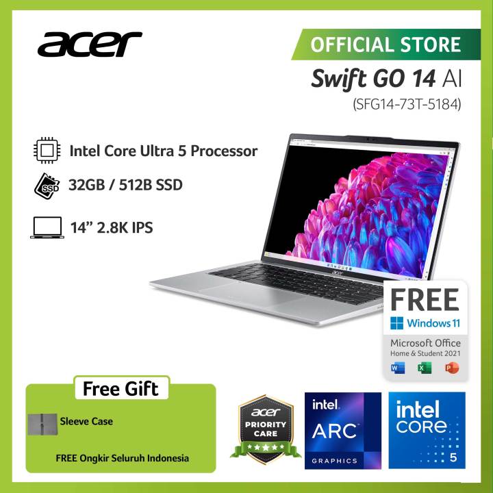 ACER LAPTOP SWIFT GO 14 WITH AI SFG14-73T-5184 14" WUXGA INTEL CORE ULTRA 5 125H EVO RAM 32GB STORAGE 512GB SSD GRAPHICS INTEL ARC WINDOWS 11