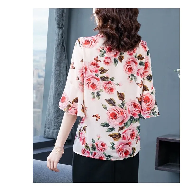 YIWU XL-XXXXL Size Ladies Flared Sleeve Loose Floral T-Shirt Top