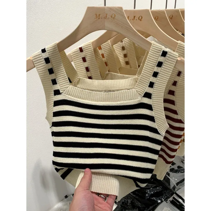 ZD Color Block Striped Square Neck Knitted Vest Camisole for Women Slim Fit Summer New Versatile Outerwear Top