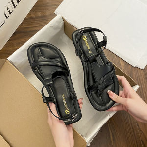 [Free Shipping] Pearl Buckle Herringbone Sandals For Women 2025 Summer New Simple Clip-Toe Flat Sandals With Buckle Strap