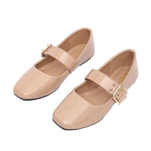 Black patent leather loafers with gold buckle strap. Flat shoes for women.5018-39