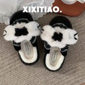 XIXITIAO Girly Heart lo Lolita Bunny Ear Furry Shoes Fashionable Home Warm Outdoor Thick-Soled Winter Cotton Slippers for Women