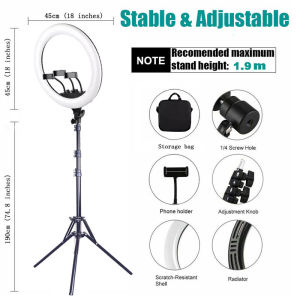Selfie Ring Fill Light 45cm With Mobile Holder LED 3 Modes Lighting Adjustment Big Ring Light With 7ft Adjustable Tripod And Free Large Black Bag Suitable For Live Sales Of Makeup Sets Studio