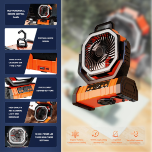 Outdoor Camping Fan Portable Fan With Light Rechargeable 20000mAh Battery USB Table Fan with LED Light Hook Remote Control Auto Oscillating Work As Powerbank 100hr  Orange
