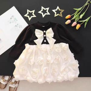 KID FASHION Dress Gaun Lengan Panjang Anak Perempuan Katun Polos O-Neck Pita Kancing Rok Bunga Long Skirt Elegan Style Usia 1-4 Tahun