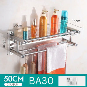 Rak Handuk Dinding Stainless 40/50/60cm - Rak Serbaguna Kamar Mandi Gantungan Baju Hook Lipat BA29