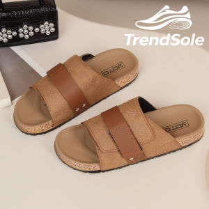 TrendSole Brown Fabric Slide Sandals with Velcro Strap and Cork Sole. Casual indoor or outdoor wear.