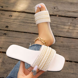 Large Size Flat Slippers For Women Casual Simple Colorful Pearl One-Strap Ladies Slippers