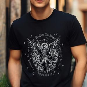 St. Michael Archangel Tshirt Catholic Vintage Clip-Art Gifts Shirt Retro Church Clothing Devotional Men Women Cotton Tee Tops