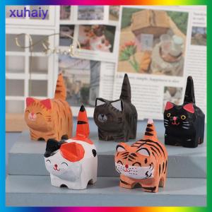 xuhaiy งานฝีมือสำหรับตกแต่งเดสก์ท็อปรูปสัตว์ขนาดเล็กลายการ์ตูนทำด้วยมือแกะสลักไม้และใช้งานได้จริงของประดับรูปแมว