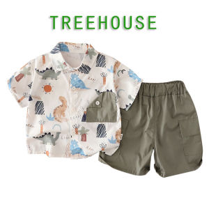 Baby Boys Clothes Set Toddler 0‑5Y Dinosaur Print Lapel Short‑Sleeve Shirt Olive Green Cargo Shorts Kids Boys Button‑Down Loose‑Fit Children Casual Play Outfit