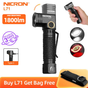 Nicron Đèn pin L71Nicron 90 độ Twist với 1800lumens độ sáng cao 314 dài chùm khoảng cách 18650 sạc Loại-C đèn pin trắng & Đỏ Ánh sáng Đèn pin xách tay kích thước cho ourdoor EDC đi bộ đường dài cắm trại leo núi