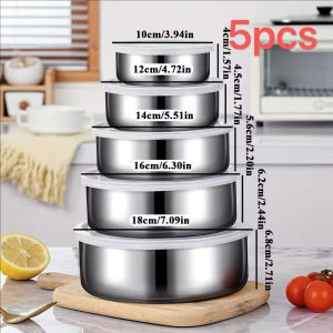 YESPERY 5Pcs Fresh-keeping Bowl Set Stainless Steel Multipurpose Sealed Bowls for Kitchen Food Storage Round with Lid 10/12/14/16/18cm