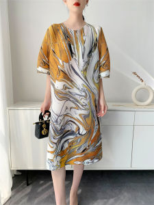 L-1113F#  One Size (45-75kg) Summer Printed Miyake Style For Women Youthful  Loose Fit Plus Size Mid-Length Pleated Dress