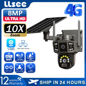 LLSEE V380 Pro Solar Camera 4G SIM Card 8MP Outdoor Waterproof IP Camera Dual Lens 3 Screen Full HD Color Night Vision Artificial Intelligence Bidirectional Detection CCTV Camera CCTV 4G SIM Connection