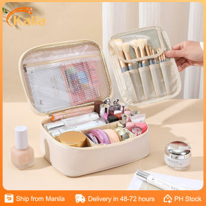 Portable Makeup Organizer Bag Genuine Leather Material Multi Function Waterproof Toiletry Case