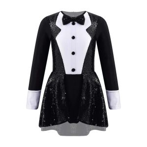 Kids Girls Cosplay Circus Ringmaster Dress Up Costume Sequins Jazz Dance Wear Children Bow Tie Tuxedo Ballet Dance Leotard Dress2026