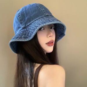 AZDH ผ้า หมวกบัคเก็ตยีนส์ ร่มกันแดด น้ำหนักเบา หมวกชาวประมงเรโทร ง่าย ดำ หมวกกันแดดป้องกันแสงแดด ผู้หญิง
