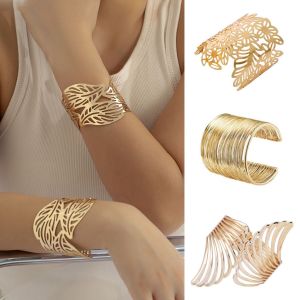 Metal Hollow Flower Leaf Bangles for Women Open Adjustable Wide Cuff Bracelet Party Wedding Jewelry