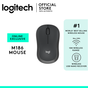 Logitech M186 Wireless Mouse 2.4GHz with USB Mini Receiver 1000 DPI PC / Mac / Laptop - Grey (910-006507)